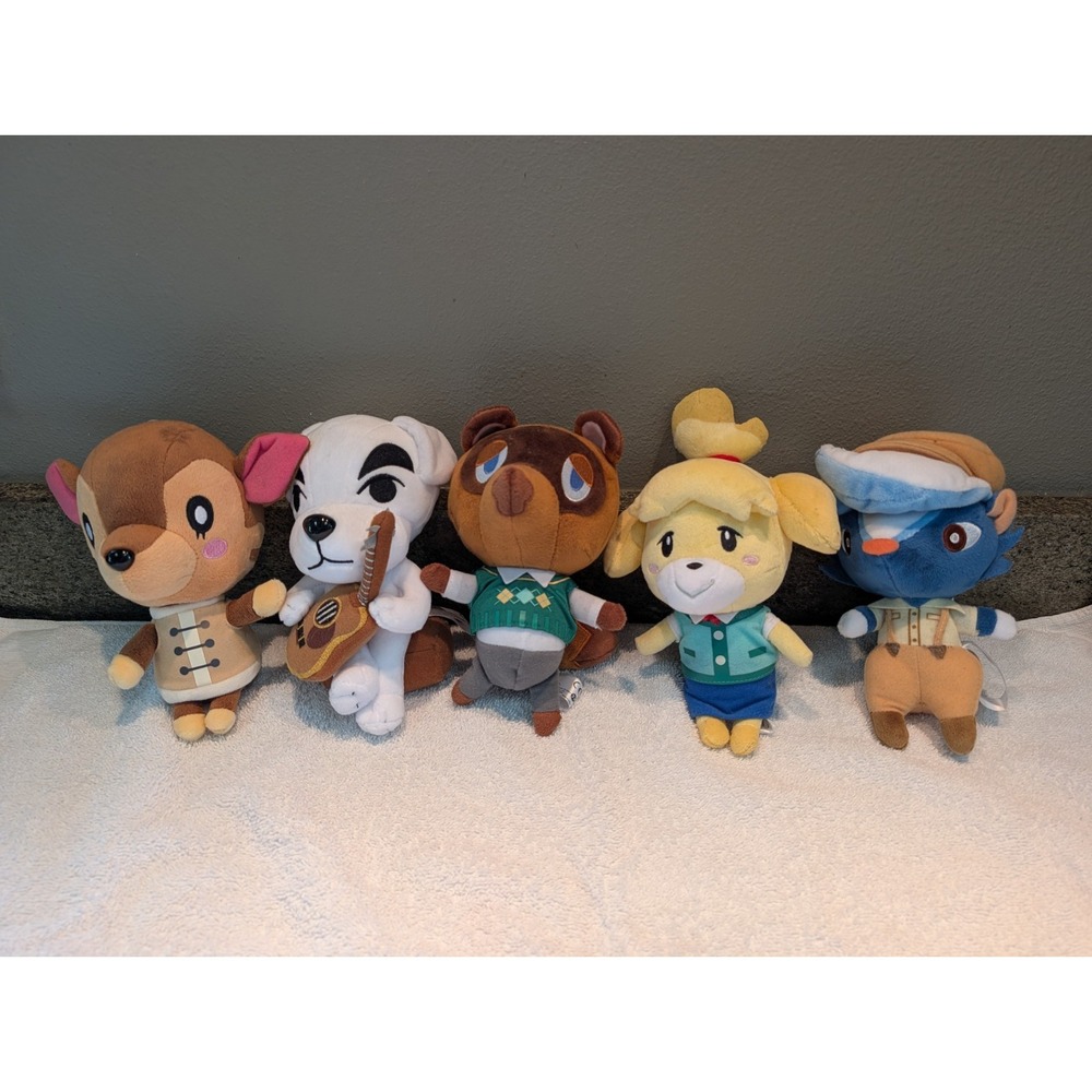 Animal Crossing Lot of 5 Plush Characters Isabelle Kicks Tom Nook Slider Fauna